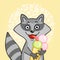 Little cheerful raccoon is ice cream