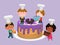 Little chef and big cake vector illustration. Happy kids chefs cooking cupcakes. Bakery, shop advertising banner.