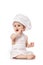 Little Chef. funny baby emotions. Adorable baby boy dressed in s chef`s hat. Cooking child lifestyle concept. Toddler playing