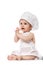 Little Chef. funny baby emotions. Adorable baby boy dressed in s chef`s hat. isolated on white. big size resolution. Food banner