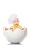 Little Chef. funny baby emotions. boy dressed in s chef`s hat sitting in egg shell. isolated on white. big size resolution