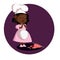 Little chef girl in white hat dropped strawberry cake