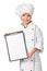 Little chef holding blank chefs menu board