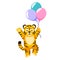 Little chef Tiger with balloons isolated. Cute character cartoon striped tiger party of birthday
