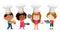Little chefs in hats set. Boys and girls cartoon characters with kitchen utensils are standing and smiling. Children