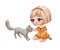 Little chibi girl stroking a cat. Cute anime illustration suitab