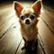 Little chihuahua sitting on wooden floor with studio lights.generative AI