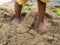 Little child boy dirty leg foot with sand while playing outdoor.