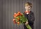 Little Child Boy Giving Flowers Bouquet, Handsome Kid Greeting R