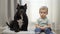 Little child boy sits on floor with American bully dog and looks at camera.