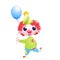 A little child clown character juggles and jokes and stands with a balloon at the bottom of the birthday