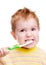 Little child with dental toothbrush brushing teeth