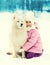 Little child hugging white Samoyed dog on snow in winter