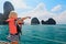 Little child in life jacket on board of sailing boat