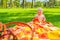 Little child in a park on green grass on a litter in a straw basket