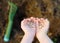 Little child plants pea seeds in bed in the garden at summer sunny day. Gardener hands, garden tools and pea seeds close-up