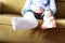 Little child with plaster bandage on leg heel fractured