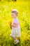 Little child playing with field flowers on spring or summer day