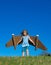 Little child plays astronaut or pilot. Child on the background of blue sky. Kids with paper wings jetpack dreams