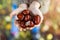 Little child showing a handful of chestnuts