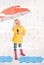 little child in yellow raincoat holding umbrella, rainy weather