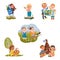 Little Children Enjoying Nature and Discovering Surrounding Environment Vector Set