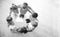 Little children making circle with hands around each other indoors, top view