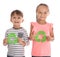 Little children with recycling symbols on background