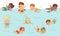 Little Children Swimming and Splashing in Water with Rubber Ring and Goggles Vector Illustration