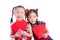 Little chinese girls in traditional dress,holding red packet money and smile isolated over white background