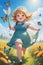 A little chubby anime girl chasing butterflies in a meadow, with a butterfly net in hand and joyous expression, flower