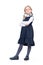 Little confident girl schoolgirl in uniform isolated on white background