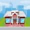 Little country house with big blue windows on green grass and blue cityscape background vector illustration. Real estate