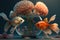 Little couple fishes lover in coral world 3D fantasy art, kid wall art, frame artwork