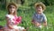 Little couple in love outdoor, boy gives pink flower to pretty girl sitting in grass