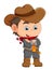 The little cowboy wearing the hat and standing cross the hand