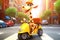 Little crazy happy giraffe in fun hat and glasses on yellow moped on the street. 3D illustration. Generative AI