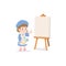 A little creativity girl be happy with painting canvas frame stand on a easel on white background, illustration vector. Kids