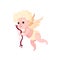 Little cupid with wooden bow in flying action. Baby angel with small wings. Valentines day theme. Flat vector design
