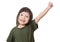 Little cute asian girl rise her hand up over white background.