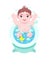 Little cute baby bathes in bath with water, has fun.
