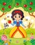 Little cute beautiful princess stands in the forest among trees and animals. Vector illustration in cartoon style