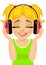 Little cute blonde girl enjoys listening to music with headphones