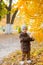 Little cute boy in an autumn coat and cap plays in an autumn park with yellow leaves