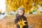 Little cute boy in an autumn coat and cap plays in an autumn park with yellow leaves