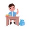 A little cute boy character at desk on lesson. Schoolboy goes study in junior school