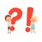 Little cute boy and girl hold questionand and exclamation marks. A concept for children`s questions and answers. Curious