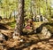 Little cute boy jumping with bungee in forest, training with dad