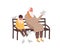 Little cute boy and old bearded male sitting on bench together vector flat illustration. Grandchild and grandfather