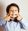 little cute boy on white background gesture tumbs up smiling clo